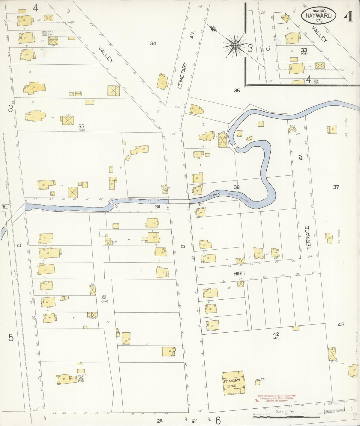 Sanborn Fire Insurance Map from Hayward, Alameda County, California (1907), Sheet #0004 - Complete Map Set gallery image, historic Sanborn map, vintage wall art, California California