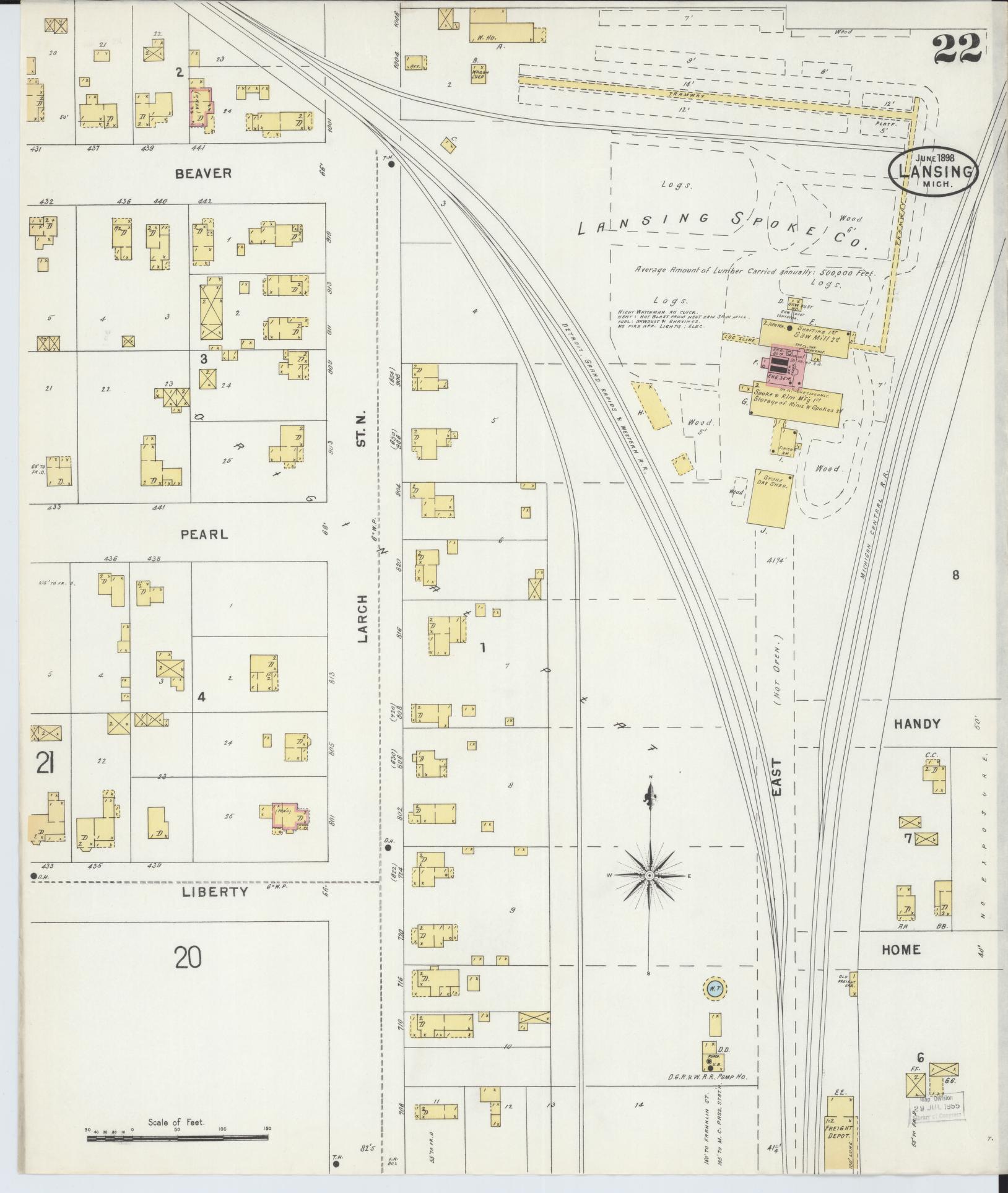 Sanborn Fire Insurance Map from Lansing, Ingham County, Michigan (1898), Sheet #0022 - Complete Map Set gallery image, historic Sanborn map, vintage wall art, Michigan Michigan
