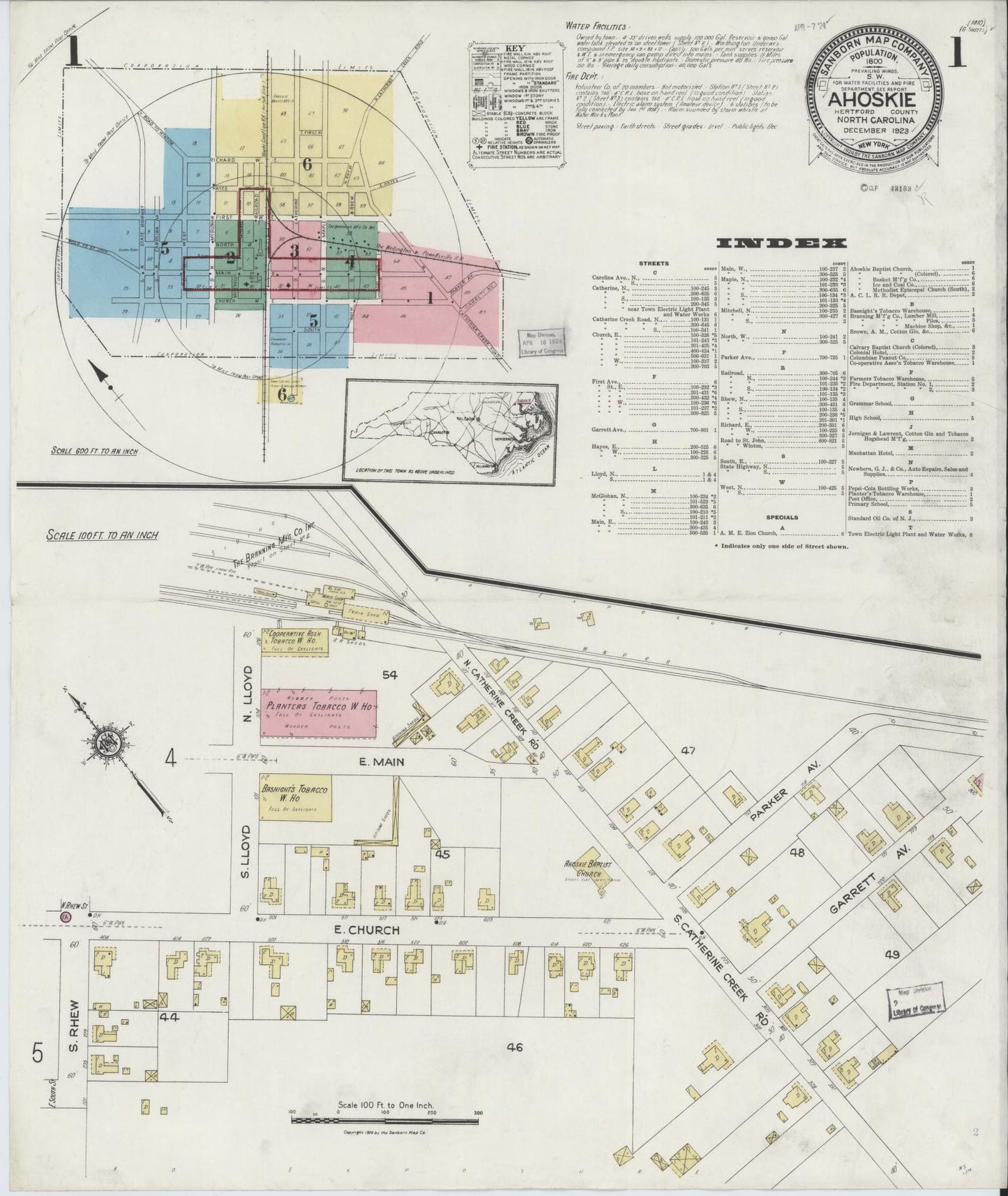 Sanborn Fire Insurance Map from Ahoskie, Hertford County, North Carolina (1923), Sheet #0001 - Complete Map Set gallery image, historic Sanborn map, vintage wall art, North Carolina North Carolina