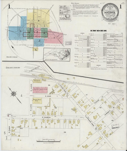 Sanborn Fire Insurance Map from Ahoskie, Hertford County, North Carolina (1923), Sheet #0001 - Complete Map Set gallery image, historic Sanborn map, vintage wall art, North Carolina North Carolina