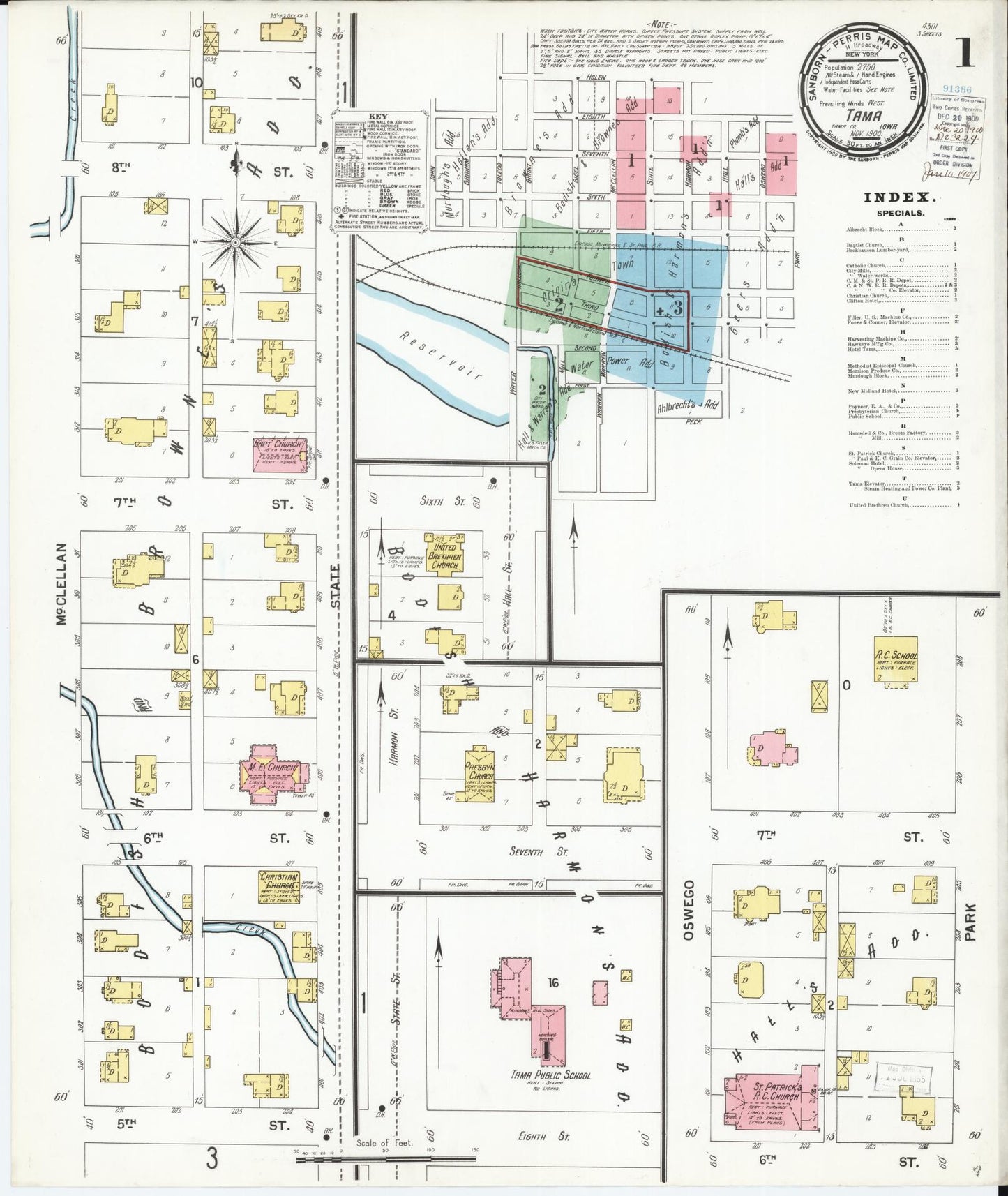 Sanborn Fire Insurance Map from Tama, Tama County, Iowa (1900), Sheet #0001 - Historic Sanborn Fire Insurance Map Print, vintage old map wall art