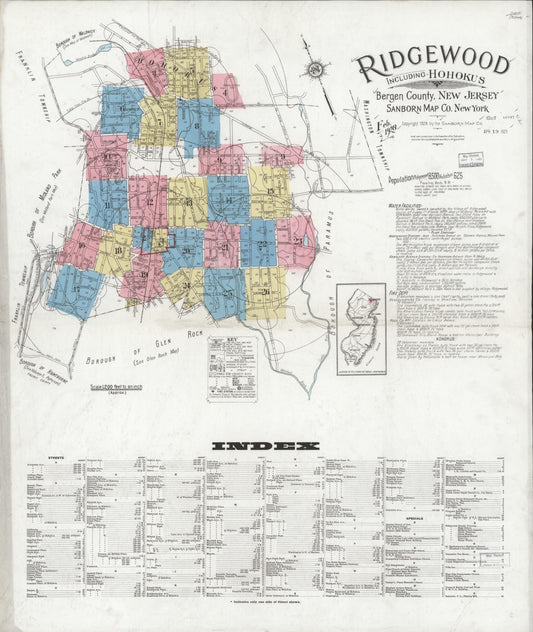 Sanborn Fire Insurance Map from Ridgewood, Bergen County, New Jersey (1928), Sheet #0001 - Complete Map Set gallery image, historic Sanborn map, vintage wall art, New Jersey New Jersey
