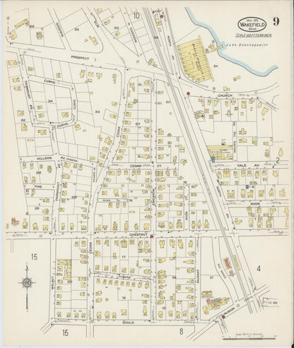 Sanborn Fire Insurance Map from Wakefield, Middlesex County, Massachusetts (1915), Sheet #0009 - Historic Sanborn Fire Insurance Map Print, vintage old map wall art, antique decor, genealogy gift, Massachusetts Massachusetts map