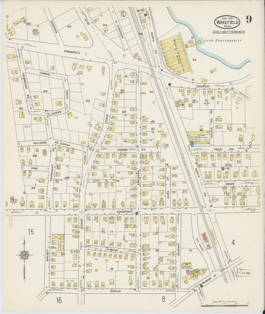 Sanborn Fire Insurance Map from Wakefield, Middlesex County, Massachusetts (1915), Sheet #0009 - Historic Sanborn Fire Insurance Map Print, vintage old map wall art, antique decor, genealogy gift, Massachusetts Massachusetts map