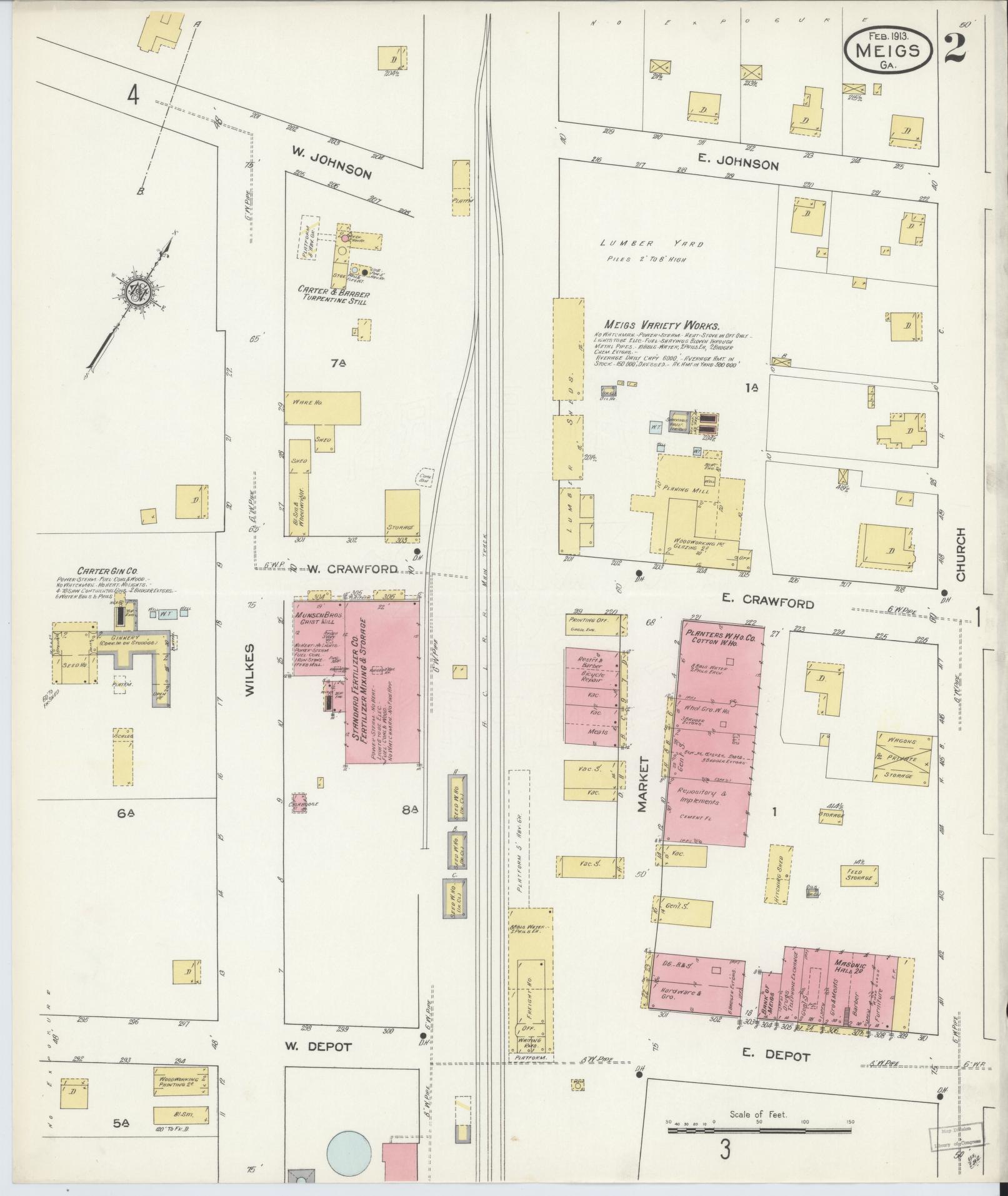 Sanborn Fire Insurance Map from Meigs, Thomas County, Georgia (1913), Sheet #0002 - Complete Map Set gallery image, historic Sanborn map, vintage wall art, Georgia Georgia