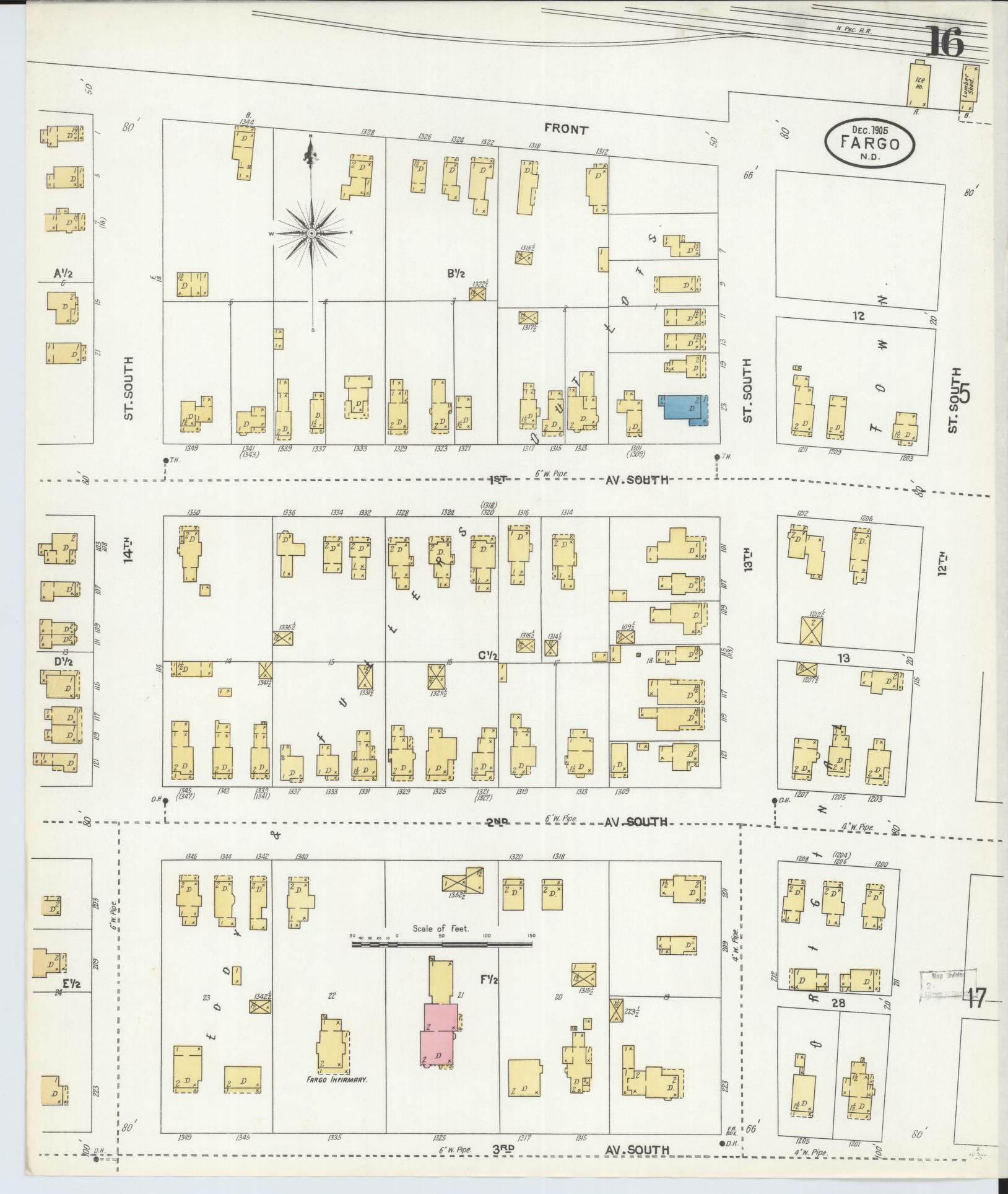 Sanborn Fire Insurance Map from Fargo, Cass County, North Dakota (1905), Sheet #0016 - Historic Sanborn Fire Insurance Map Print, vintage old map wall art, antique decor, genealogy gift, North Dakota North Dakota map