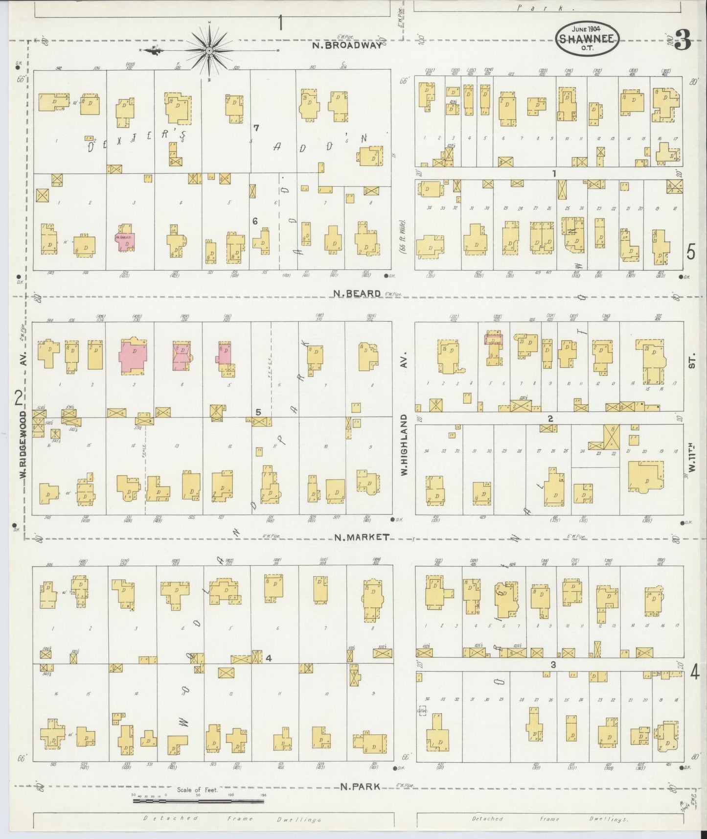 Sanborn Fire Insurance Map from Shawnee, Pottawatomie County, Oklahoma (1904), Sheet #0003 - Complete Map Set gallery image, historic Sanborn map, vintage wall art, Oklahoma Oklahoma