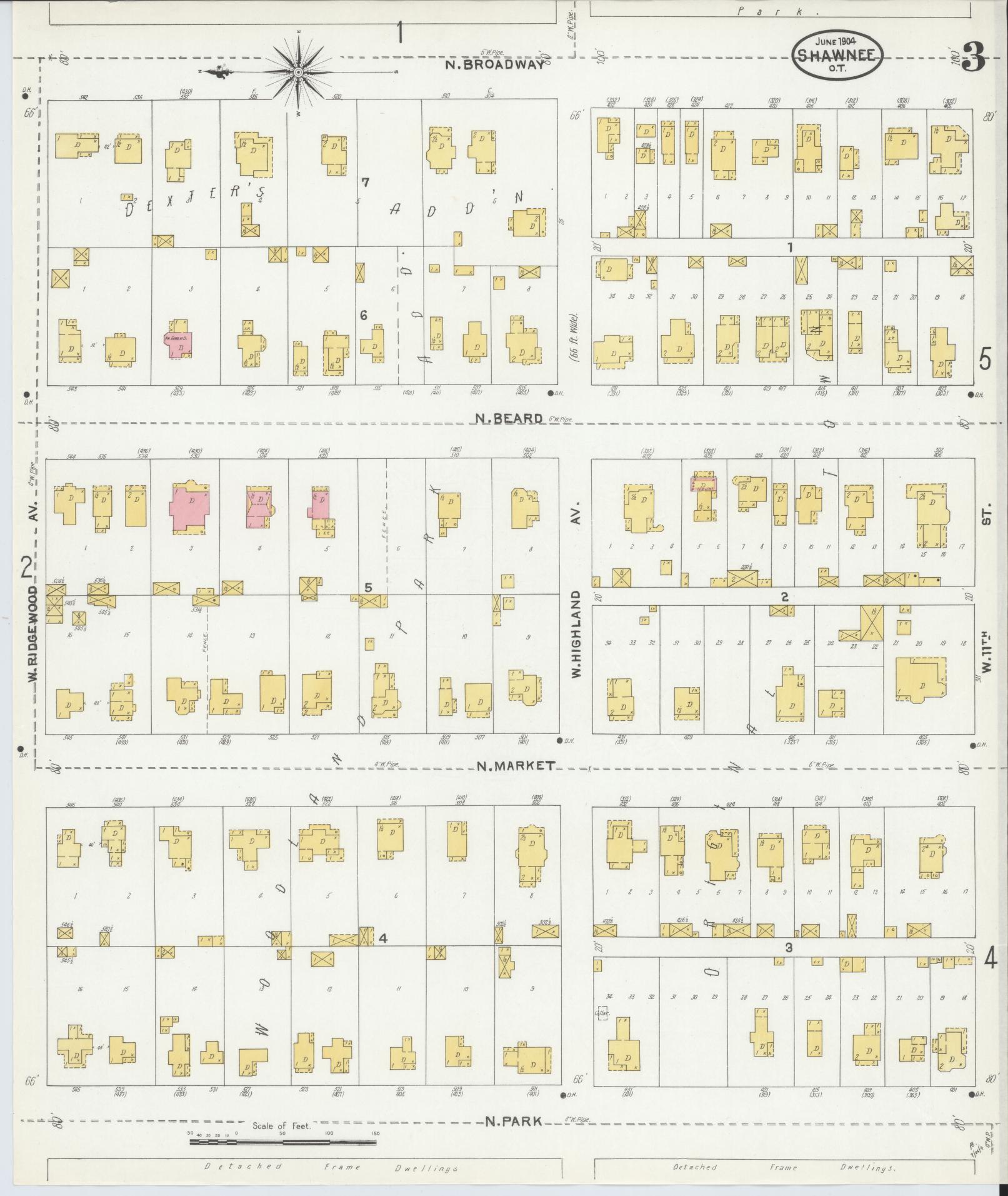 Sanborn Fire Insurance Map from Shawnee, Pottawatomie County, Oklahoma (1904), Sheet #0003 - Complete Map Set gallery image, historic Sanborn map, vintage wall art, Oklahoma Oklahoma