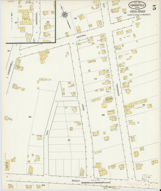 Sanborn Fire Insurance Map from Marshfield, Plymouth County, Massachusetts (1916), Sheet #0005 - Historic Sanborn Fire Insurance Map Print, vintage old map wall art, antique decor, genealogy gift, Massachusetts Massachusetts map