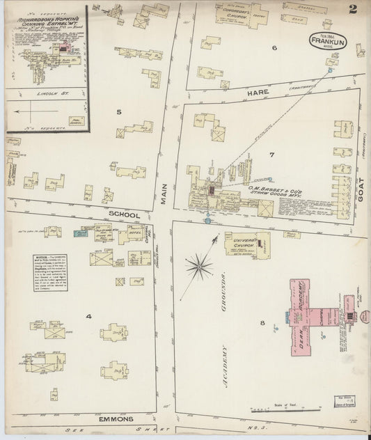 Sanborn Fire Insurance Map from Franklin, Norfolk County, Massachusetts (1884), Sheet #0002 - Historic Sanborn Fire Insurance Map Print, vintage old map wall art, antique decor, genealogy gift, Massachusetts Massachusetts map