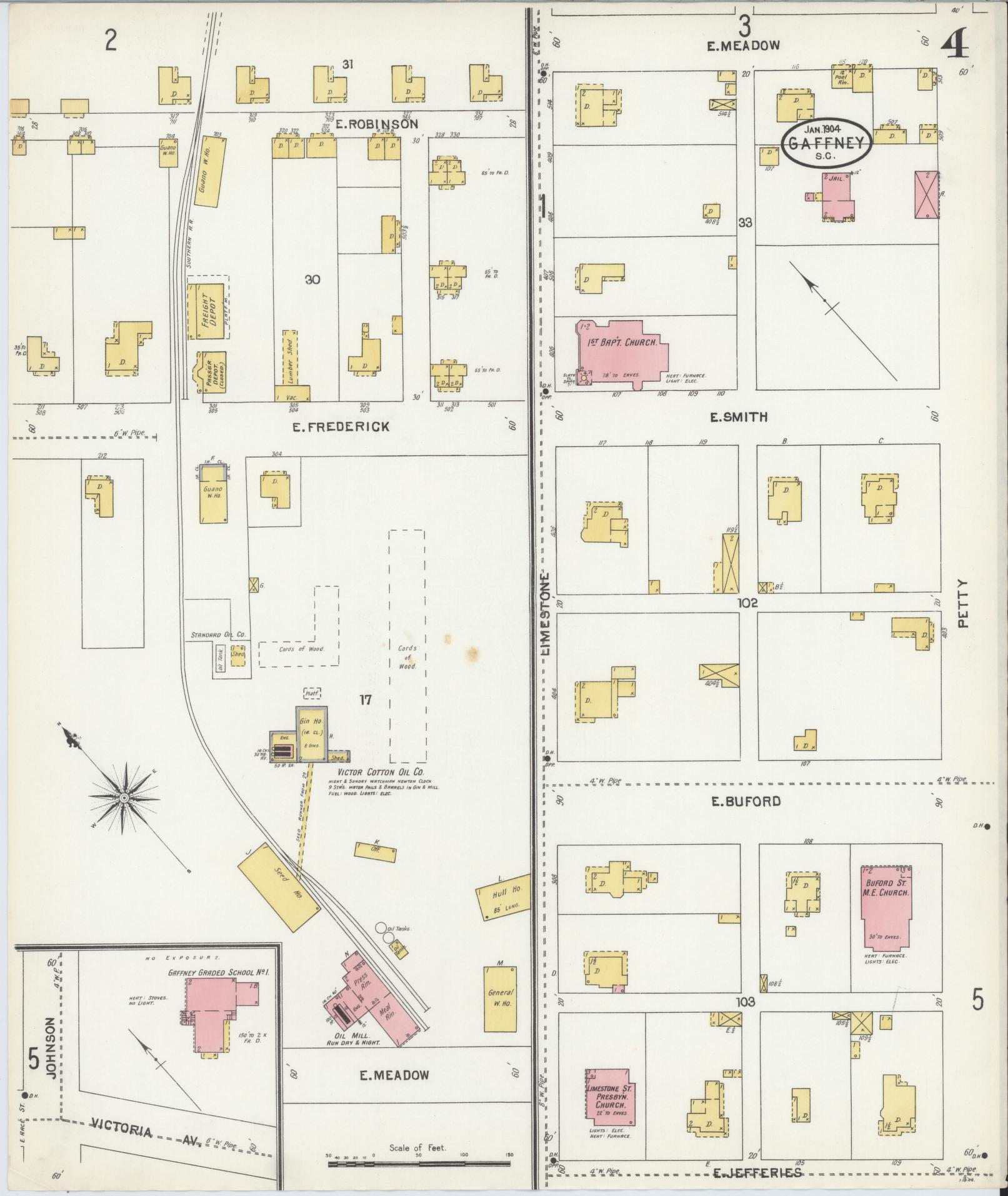 Sanborn Fire Insurance Map from Gaffney, Cherokee County, South Carolina (1904), Sheet #0004 - Complete Map Set gallery image, historic Sanborn map, vintage wall art, South Carolina South Carolina