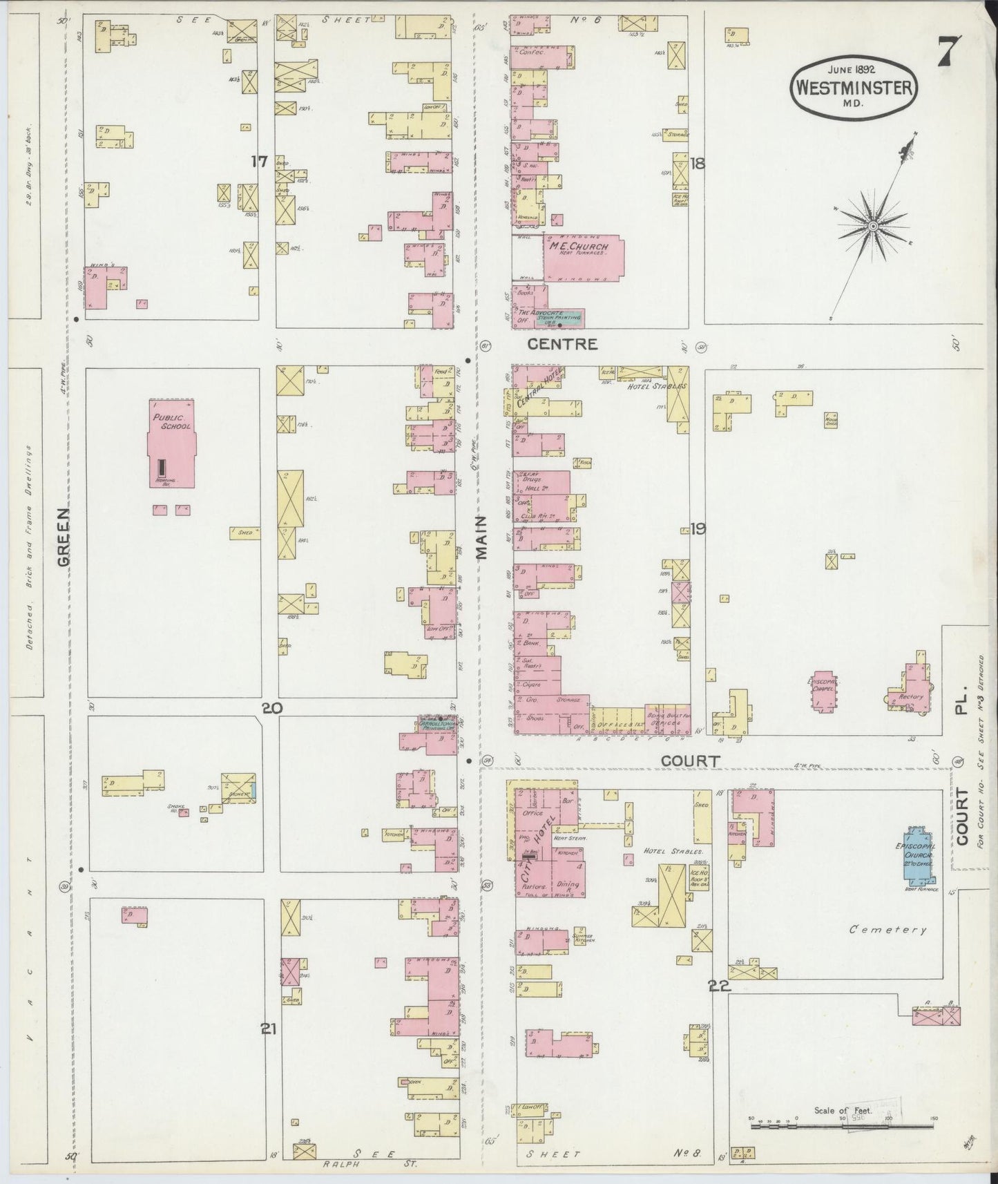 Sanborn Fire Insurance Map from Westminster, Carroll County, Maryland (1892), Sheet #0007 - Historic Sanborn Fire Insurance Map Print, vintage old map wall art