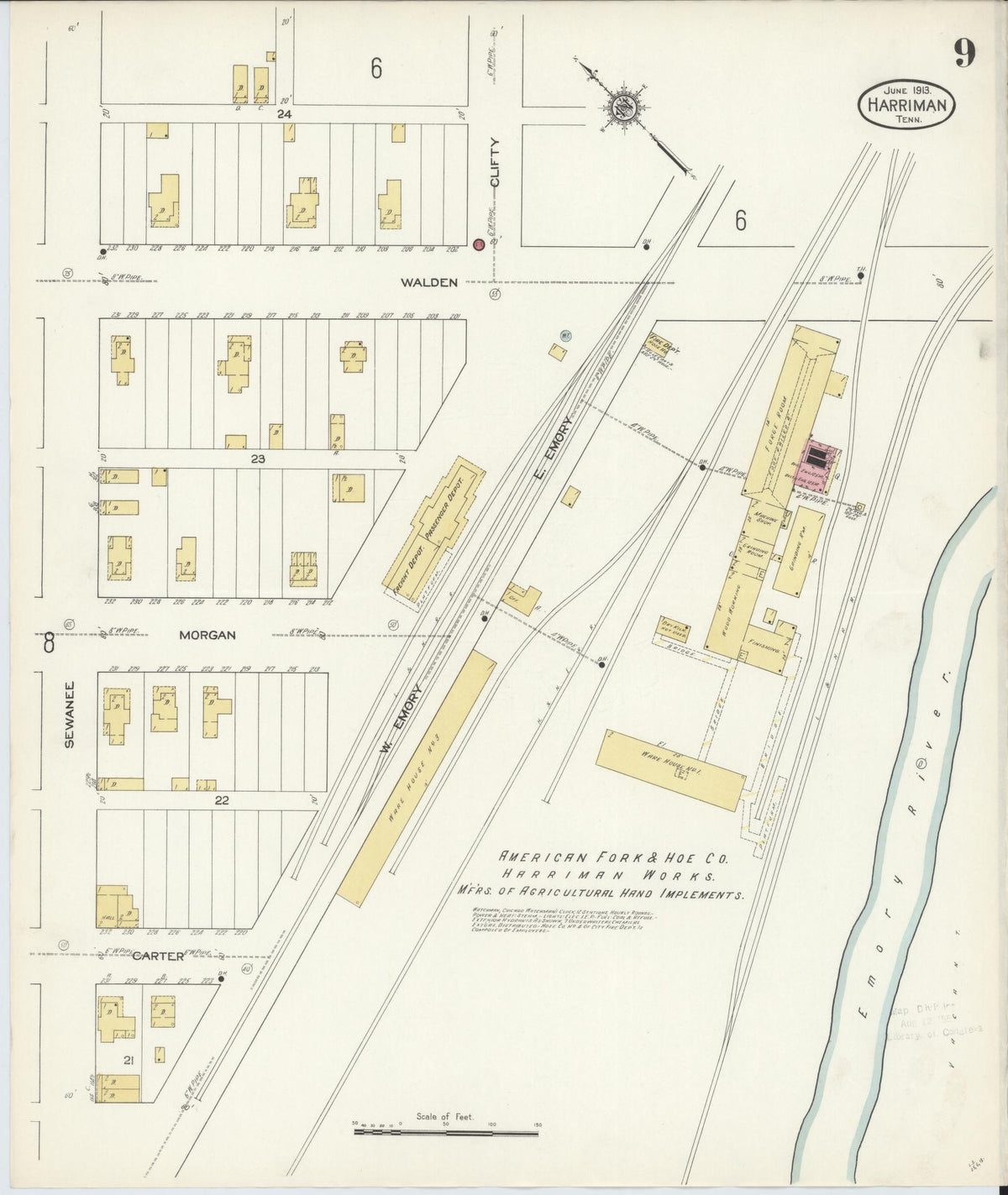 Sanborn Fire Insurance Map from Harriman, Roane County, Tennessee (1913), Sheet #0009 - Complete Map Set gallery image, historic Sanborn map, vintage wall art, Tennessee Tennessee