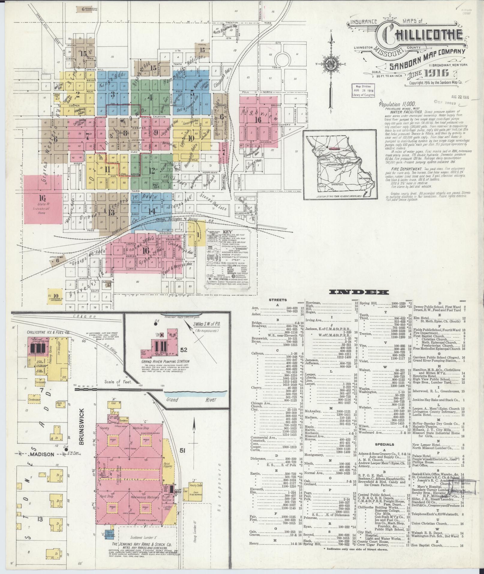 Sanborn Fire Insurance Map from Chillicothe, Livingston County, Missouri (1916), Sheet #0001 - Complete Map Set gallery image, historic Sanborn map, vintage wall art, Missouri Missouri