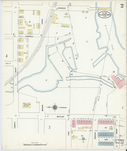 Sanborn Fire Insurance Map from Blackstone, Worcester County, Massachusetts (1910), Sheet #0002 - Historic Sanborn Fire Insurance Map Print, vintage old map wall art, antique decor, genealogy gift, Massachusetts Massachusetts map