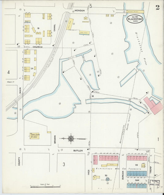 Sanborn Fire Insurance Map from Blackstone, Worcester County, Massachusetts (1910), Sheet #0002 - Historic Sanborn Fire Insurance Map Print, vintage old map wall art, antique decor, genealogy gift, Massachusetts Massachusetts map