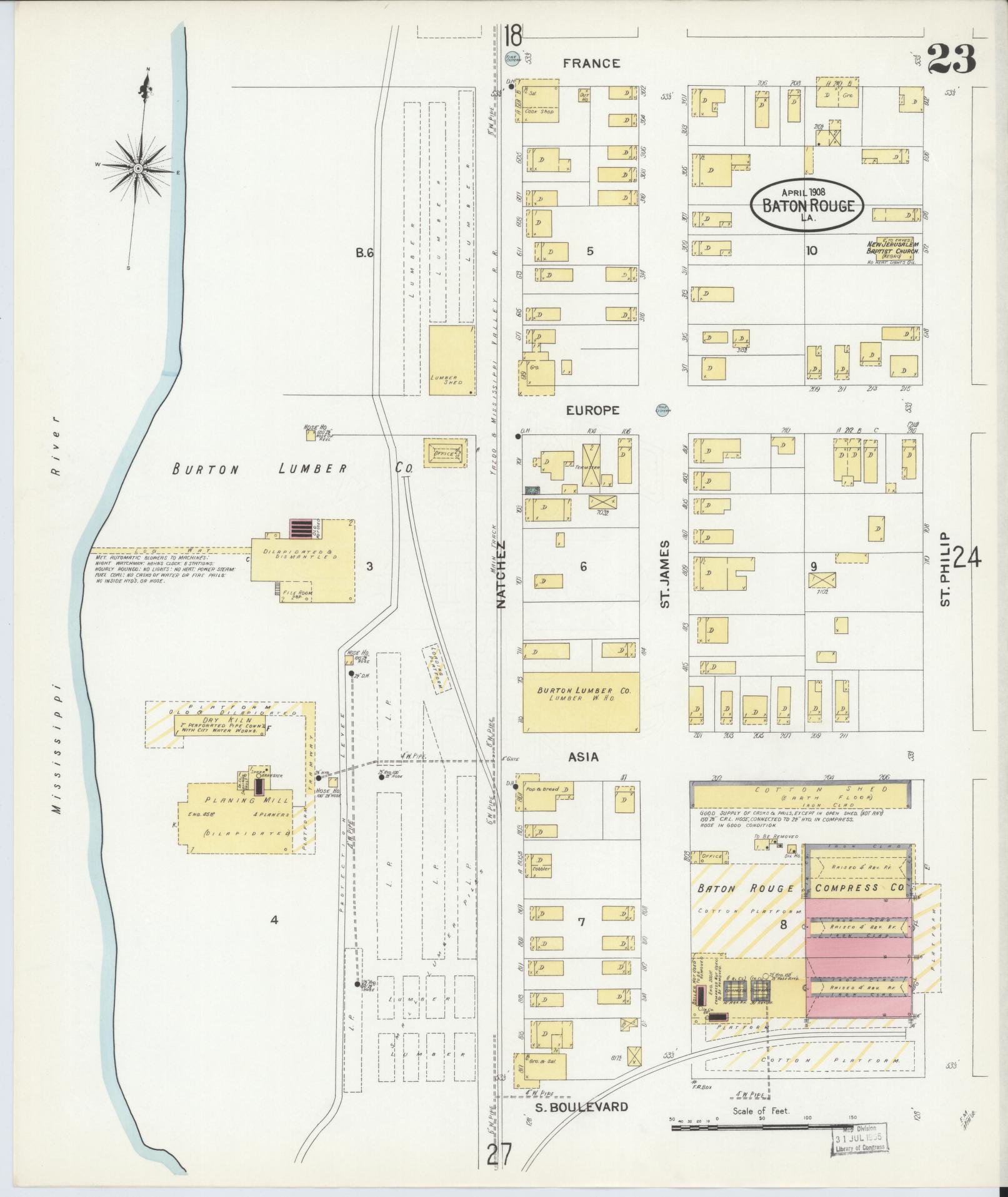 Sanborn Fire Insurance Map from Baton Rouge, East Baton Rouge Parish, Louisiana (1908), Sheet #0023 - Historic Sanborn Fire Insurance Map Print, vintage old map wall art, antique decor, genealogy gift, Louisiana Louisiana map