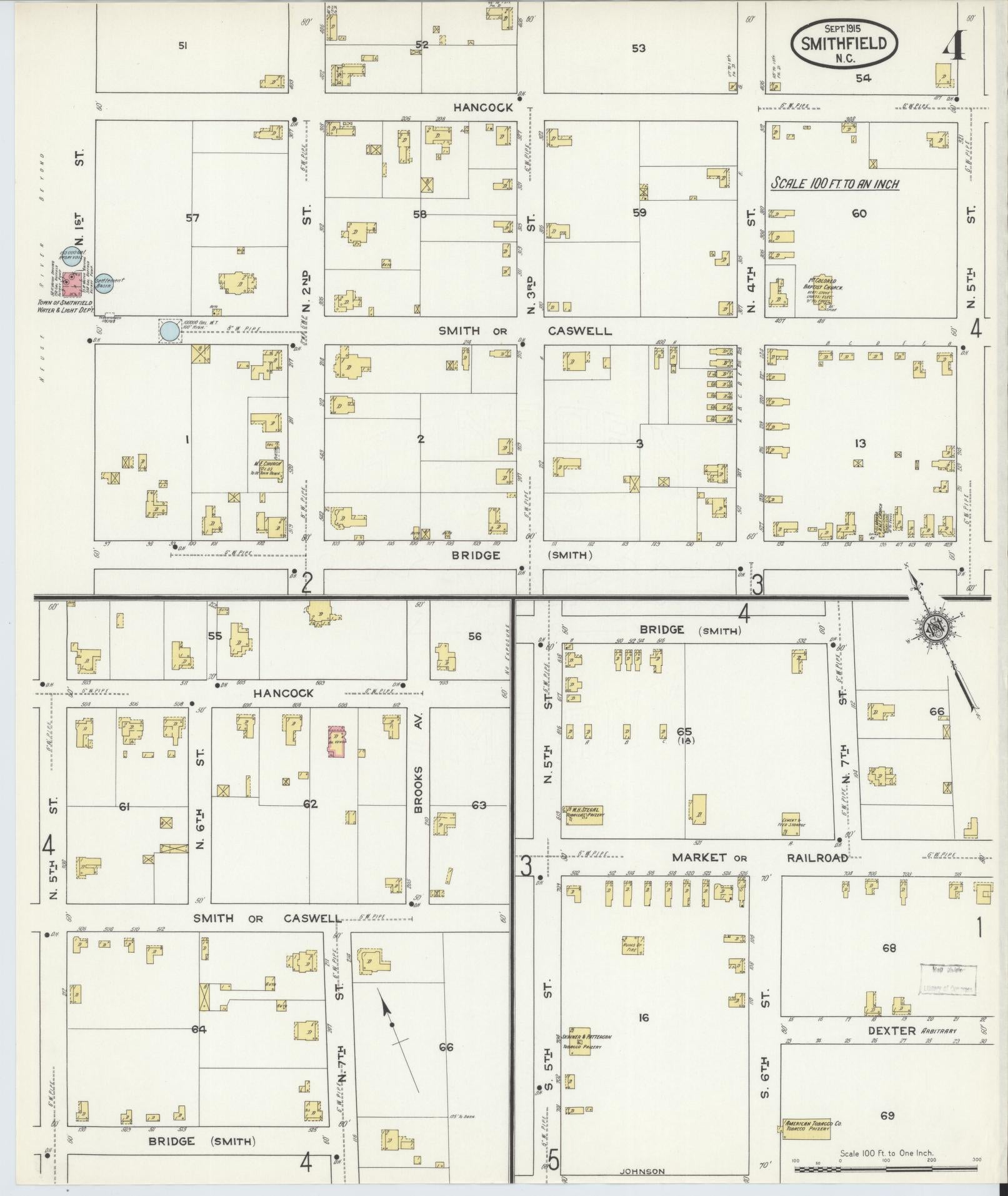 Sanborn Fire Insurance Map from Smithfield, Johnston County, North Carolina (1915), Sheet #0004 - Historic Sanborn Fire Insurance Map Print, vintage old map wall art, antique decor, genealogy gift, North Carolina North Carolina map