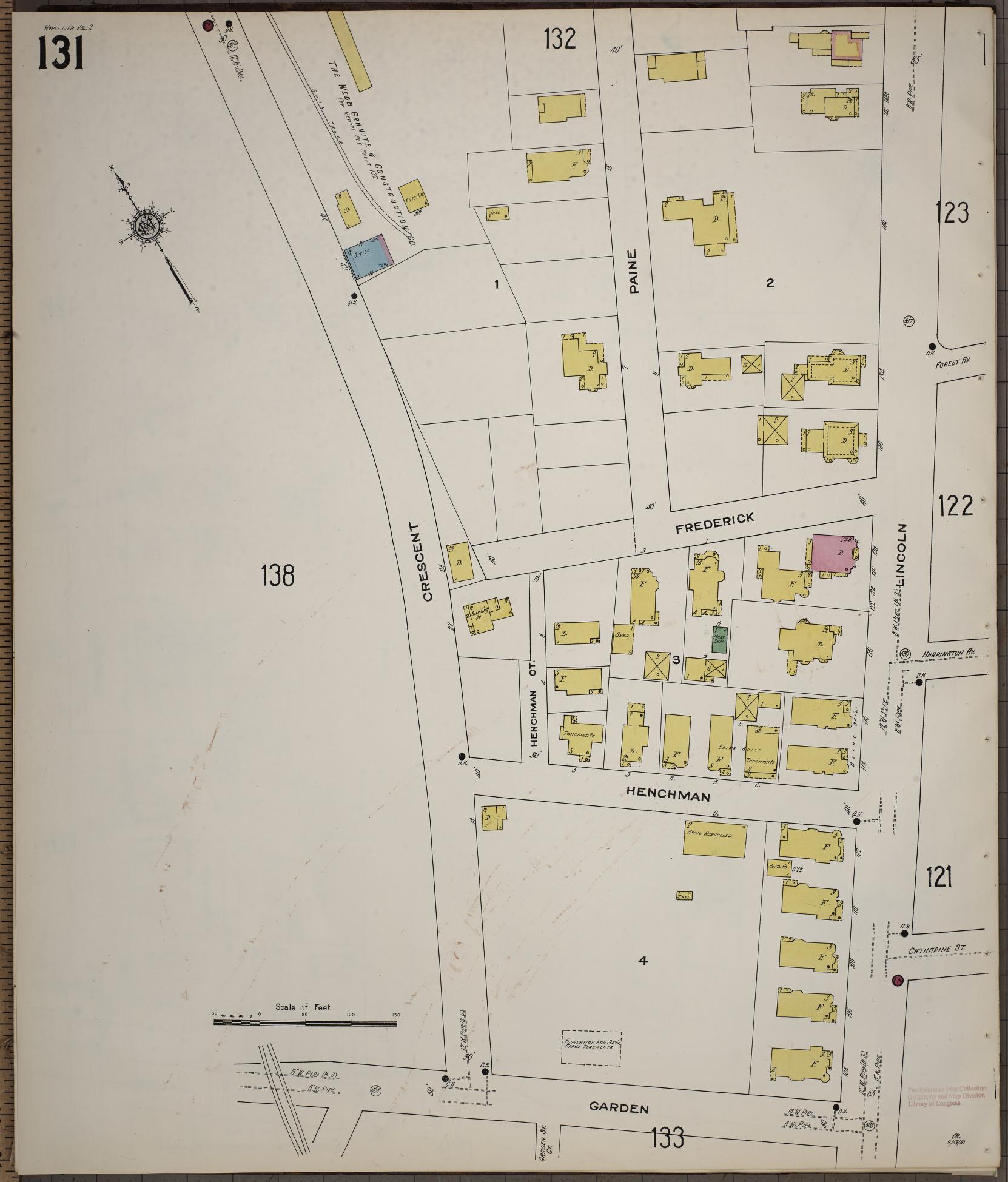 Sanborn Fire Insurance Map from Worcester, Worcester County, Massachusetts (1910), Sheet #0131 - Historic Sanborn Fire Insurance Map Print, vintage old map wall art, antique decor, genealogy gift, Massachusetts Massachusetts map