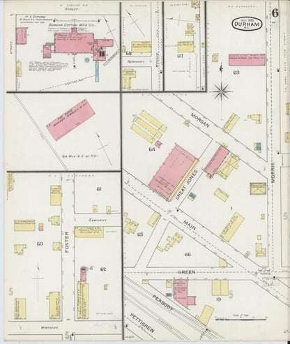 Sanborn Fire Insurance Map from Durham, Durham County, North Carolina (1893), Sheet #0006 - Historic Sanborn Fire Insurance Map Print, vintage old map wall art, antique decor, genealogy gift, North Carolina North Carolina map