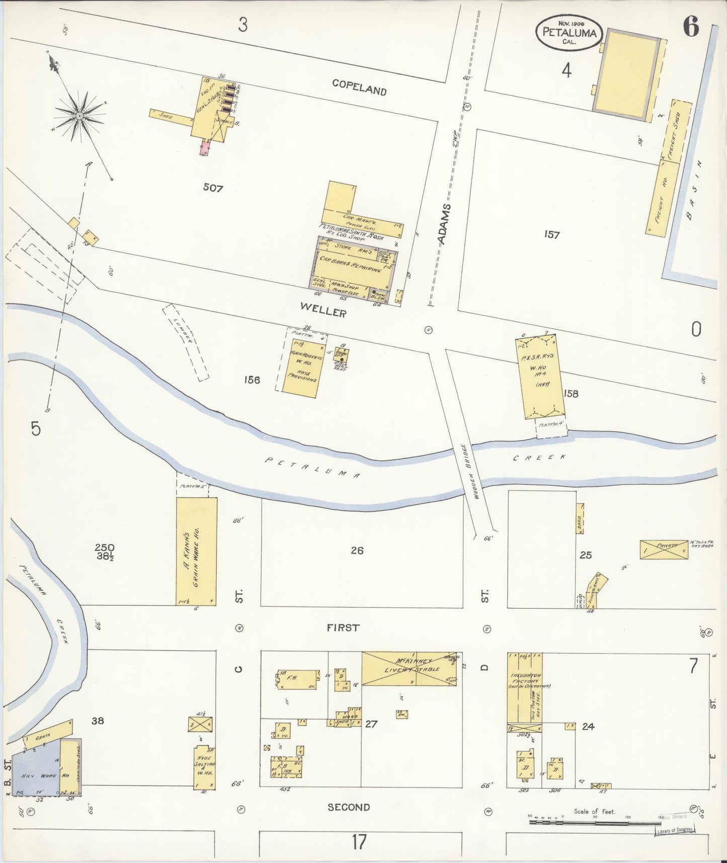 Sanborn Fire Insurance Map from Petaluma, Sonoma County, California (1906), Sheet #0006 - Complete Map Set gallery image, historic Sanborn map, vintage wall art, California California
