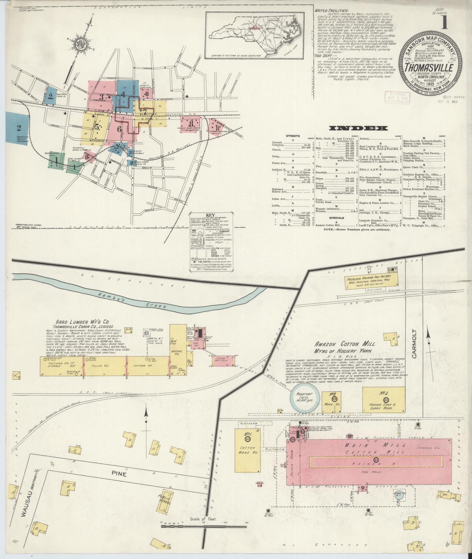 Sanborn Fire Insurance Map from Thomasville, Davidson County, North Carolina (1913), Sheet #0001 - Historic Sanborn Fire Insurance Map Print, vintage old map wall art, antique decor, genealogy gift, North Carolina North Carolina map