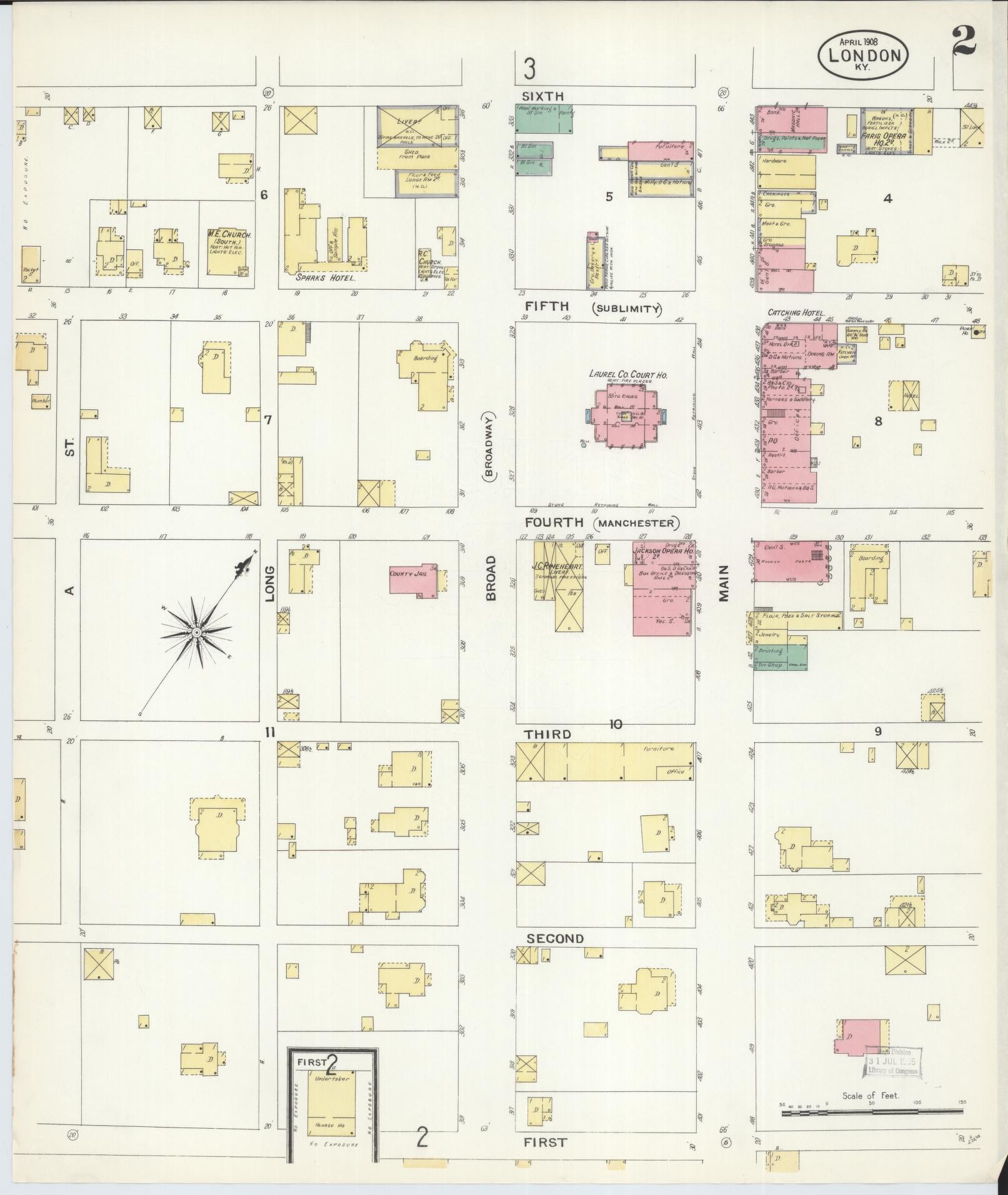 Sanborn Fire Insurance Map from London, Laurel County, Kentucky (1908), Sheet #0002 - Complete Map Set gallery image, historic Sanborn map, vintage wall art, Kentucky Kentucky