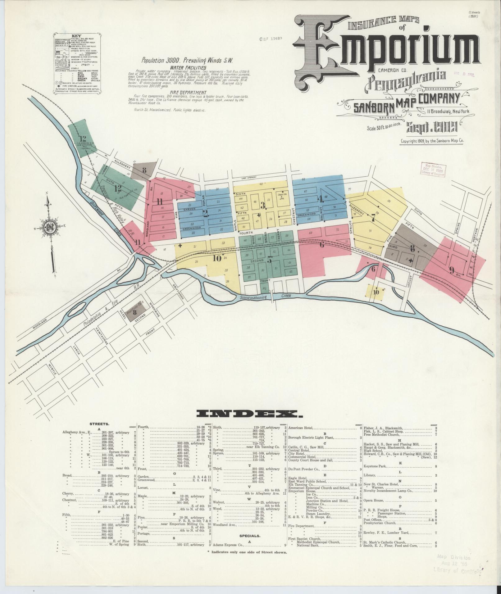 Sanborn Fire Insurance Map from Emporium, Cameron County, Pennsylvania (1909), Sheet #0001 - Historic Sanborn Fire Insurance Map Print, vintage old map wall art, antique decor, genealogy gift, Pennsylvania Pennsylvania map