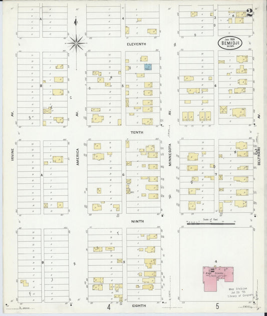 Sanborn Fire Insurance Map from Bemidji, Beltrami County, Minnesota (1909), Sheet #0002 - Historic Sanborn Fire Insurance Map Print, vintage old map wall art, antique decor, genealogy gift, Minnesota Minnesota map