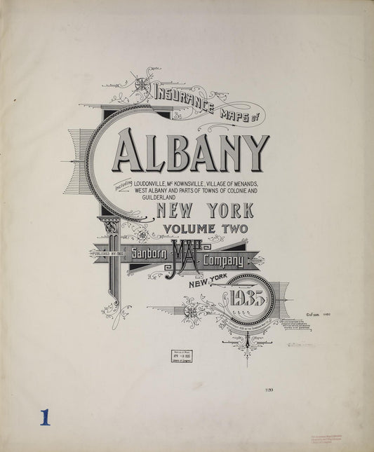 Sanborn Fire Insurance Map from Albany, Albany County, New York (1935), Sheet #0001 - Historic Sanborn Fire Insurance Map Print, vintage old map wall art, antique decor, genealogy gift, New York New York map