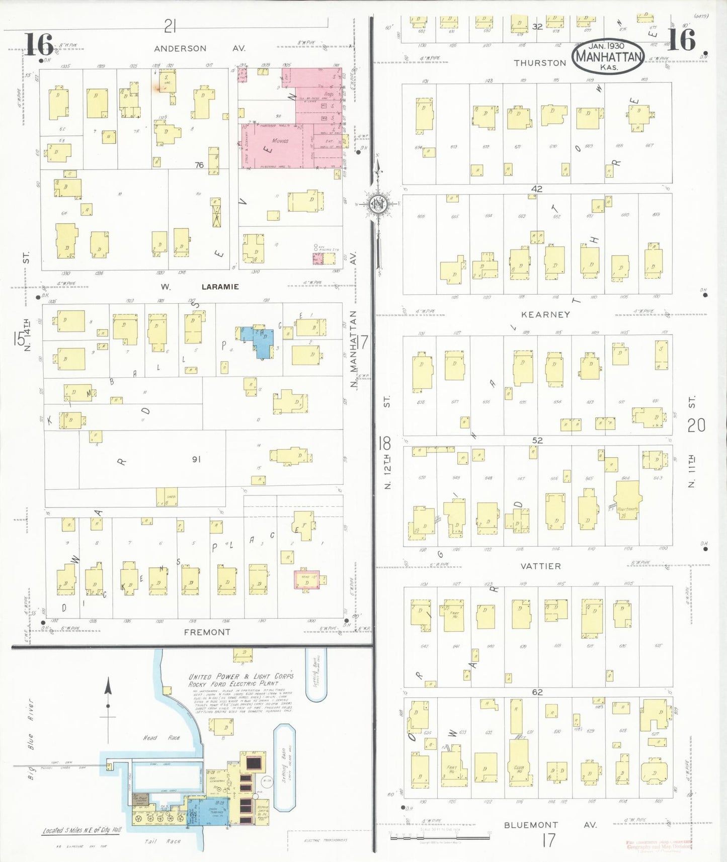 Sanborn Fire Insurance Map from Manhattan, Riley County, Kansas (1930), Sheet #0016 - Complete Map Set gallery image, historic Sanborn map, vintage wall art, Kansas Kansas