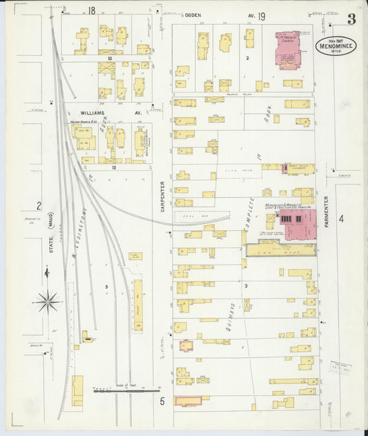 Sanborn Fire Insurance Map from Menominee, Menominee County, Michigan (1907), Sheet #0003 - Historic Sanborn Fire Insurance Map Print, vintage old map wall art, antique decor, genealogy gift, Michigan Michigan map