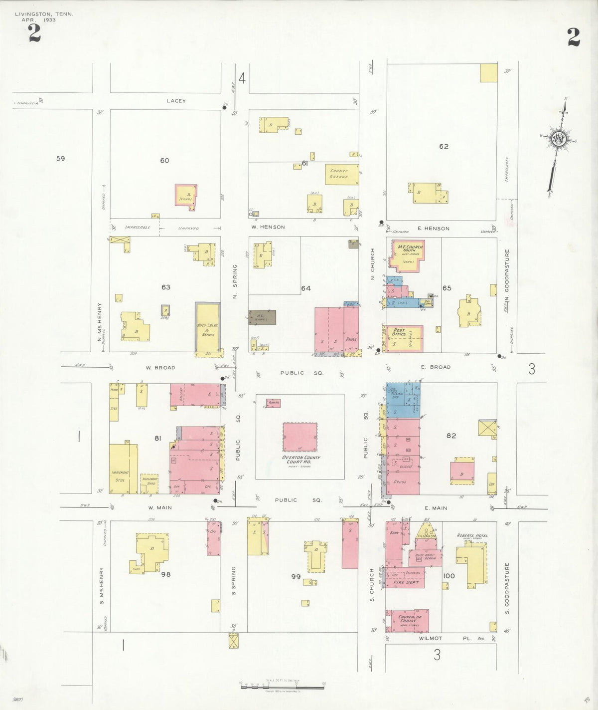 Sanborn Fire Insurance Map from Livingston, Overton County, Tennessee (1933), Sheet #0002 - Historic Sanborn Fire Insurance Map Print, vintage old map wall art, antique decor, genealogy gift, Tennessee Tennessee map