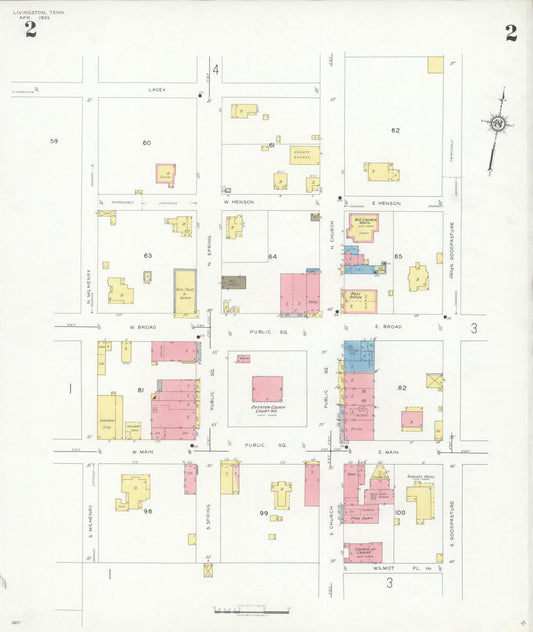 Sanborn Fire Insurance Map from Livingston, Overton County, Tennessee (1933), Sheet #0002 - Historic Sanborn Fire Insurance Map Print, vintage old map wall art, antique decor, genealogy gift, Tennessee Tennessee map