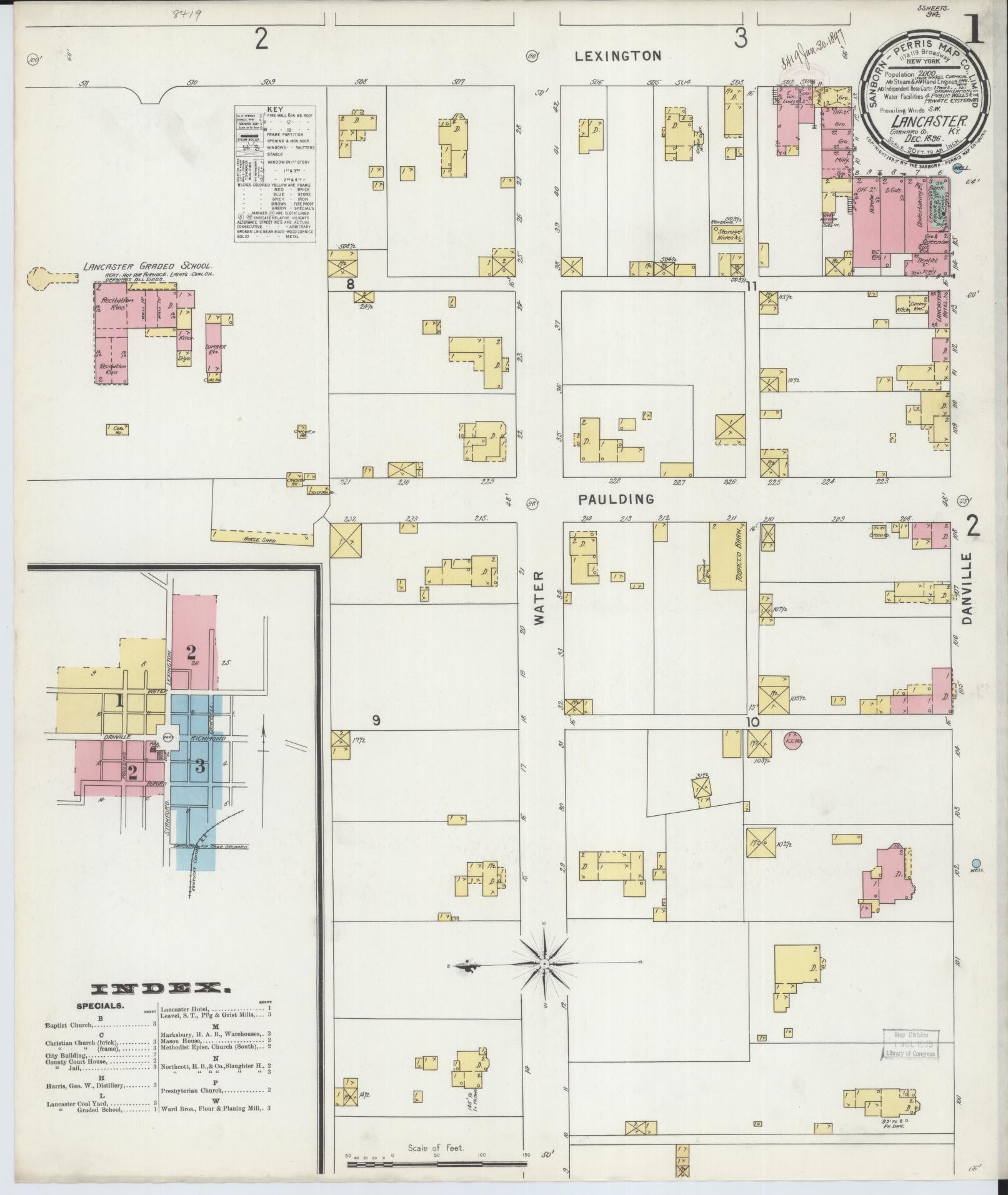 Sanborn Fire Insurance Map from Lancaster, Garrard County, Kentucky (1896), Sheet #0001 - Historic Sanborn Fire Insurance Map Print, vintage old map wall art, antique decor, genealogy gift, Kentucky Kentucky map