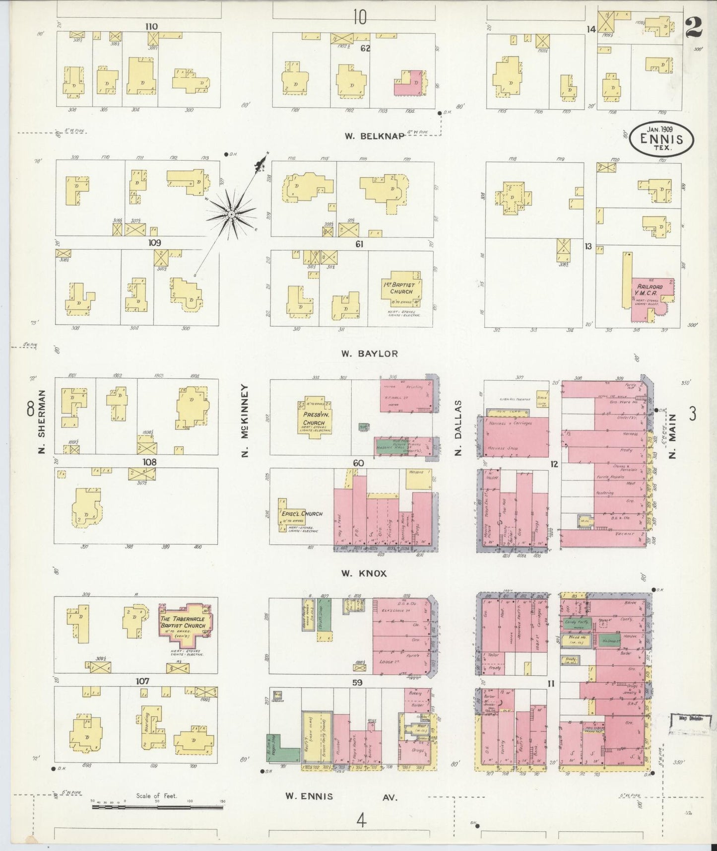 Sanborn Fire Insurance Map from Ennis, Ellis County, Texas (1909), Sheet #0002 - Complete Map Set gallery image, historic Sanborn map, vintage wall art, Texas Texas