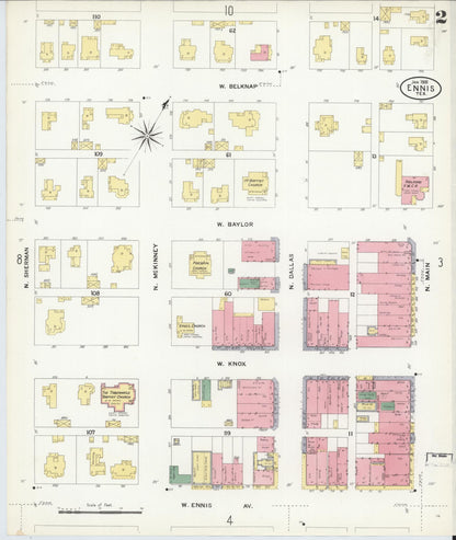 Sanborn Fire Insurance Map from Ennis, Ellis County, Texas (1909), Sheet #0002 - Complete Map Set gallery image, historic Sanborn map, vintage wall art, Texas Texas