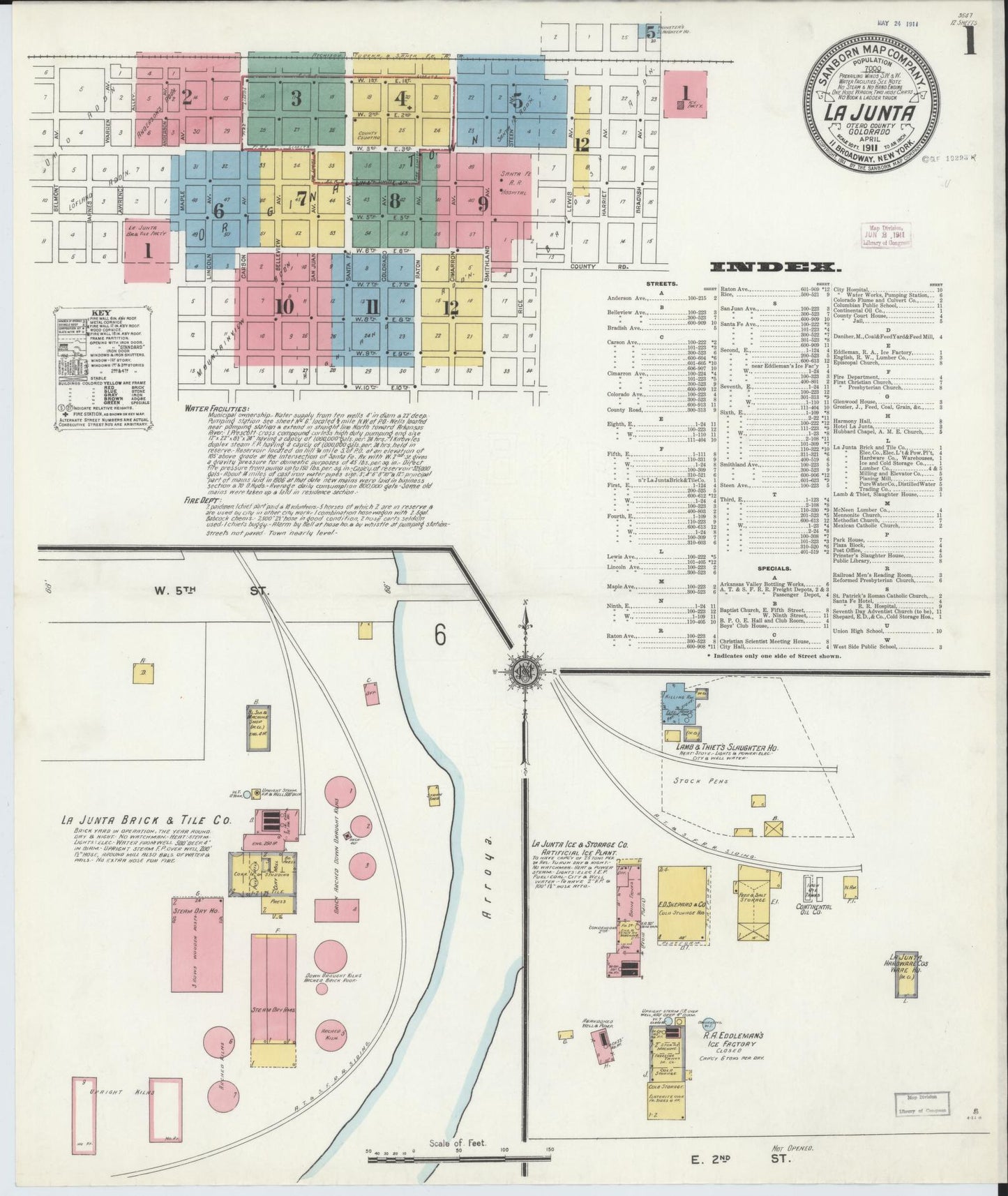 Sanborn Fire Insurance Map from La Junta, Otero County, Colorado (1911), Sheet #0001 - Historic Sanborn Fire Insurance Map Print, vintage old map wall art, antique decor, genealogy gift, Colorado Colorado map