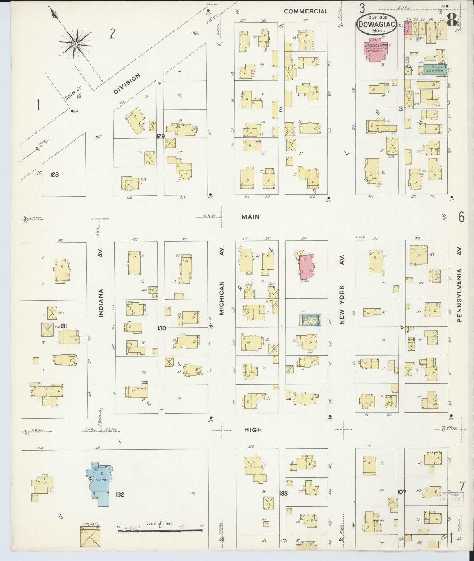 Sanborn Fire Insurance Map from Dowagiac, Cass County, Michigan (1908), Sheet #0008 - Complete Map Set gallery image, historic Sanborn map, vintage wall art, Michigan Michigan