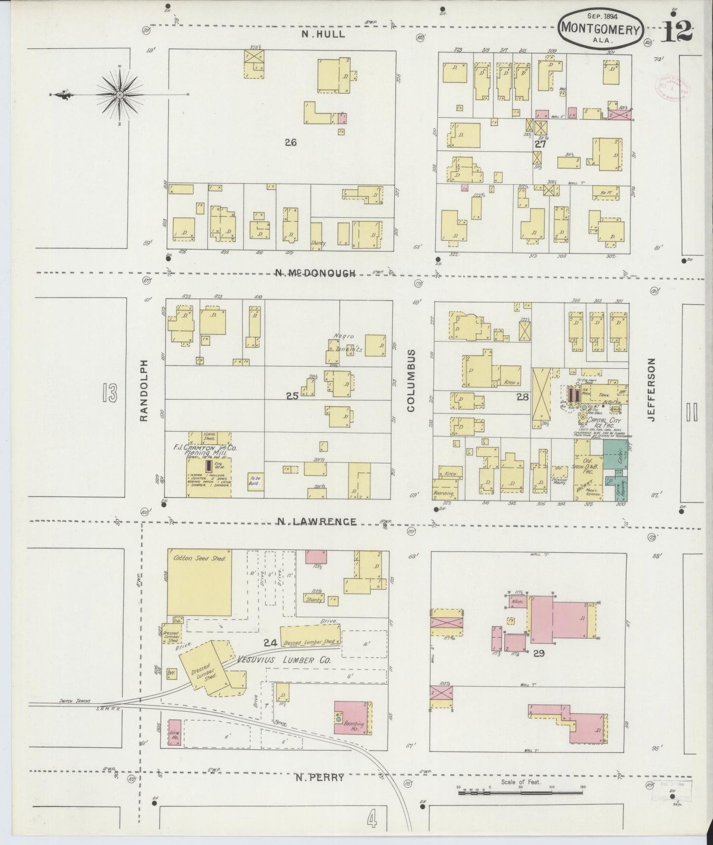 Sanborn Fire Insurance Map from Montgomery, Montgomery County, Alabama (1894), Sheet #0012 - Complete Map Set gallery image, historic Sanborn map, vintage wall art, Alabama Alabama