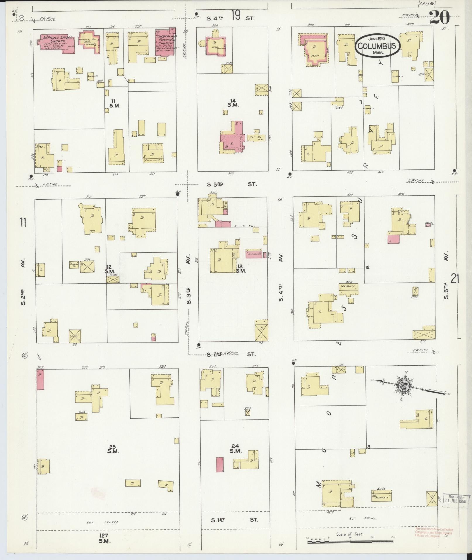 Sanborn Fire Insurance Map from Columbus, Lowndes County, Mississippi (1910), Sheet #0020 - Complete Map Set gallery image, historic Sanborn map, vintage wall art, Mississippi Mississippi
