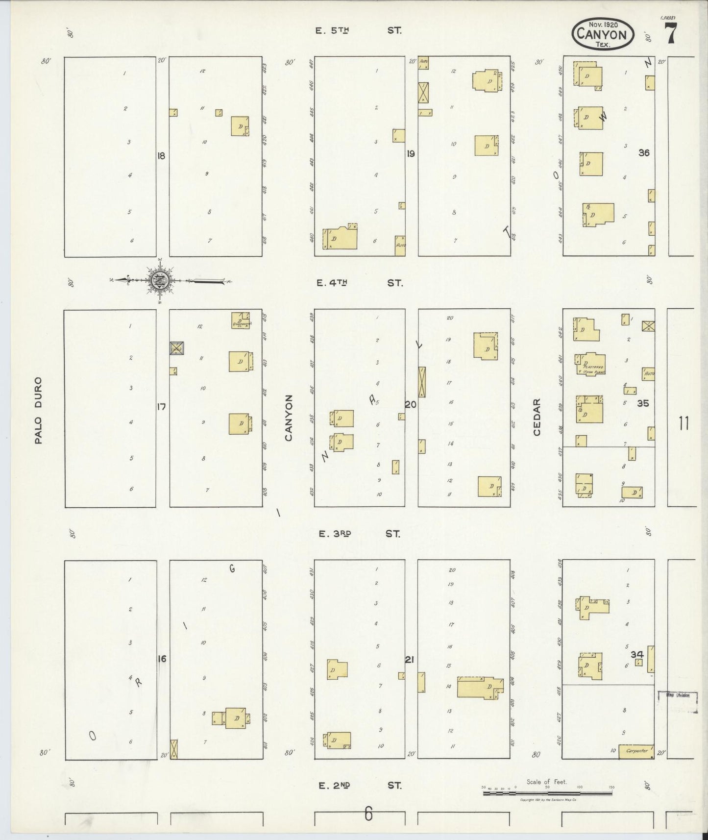 Sanborn Fire Insurance Map from Canyon, Randall County, Texas (1920), Sheet #0007 - Historic Sanborn Fire Insurance Map Print, vintage old map wall art, antique decor, genealogy gift, Texas Texas map