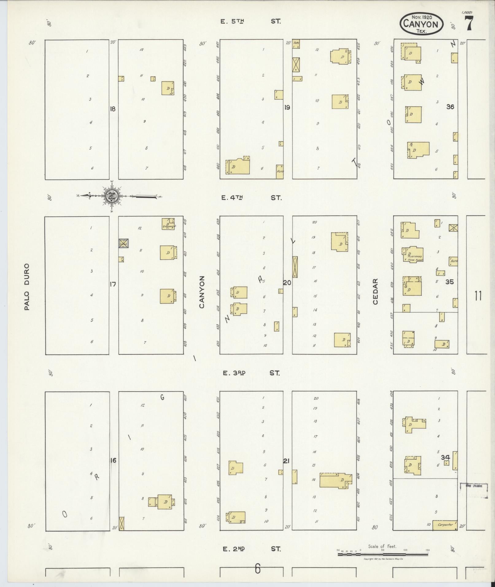 Sanborn Fire Insurance Map from Canyon, Randall County, Texas (1920), Sheet #0007 - Historic Sanborn Fire Insurance Map Print, vintage old map wall art, antique decor, genealogy gift, Texas Texas map