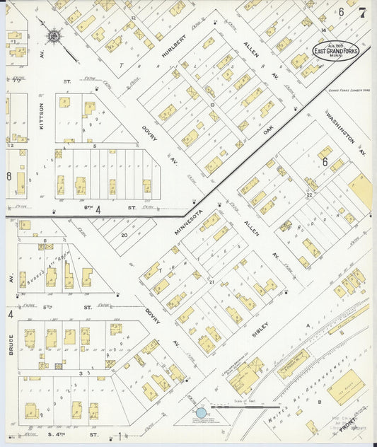 Sanborn Fire Insurance Map from East Grand Forks, Polk County, Minnesota (1909), Sheet #0007 - Historic Sanborn Fire Insurance Map Print, vintage old map wall art, antique decor, genealogy gift, Minnesota Minnesota map