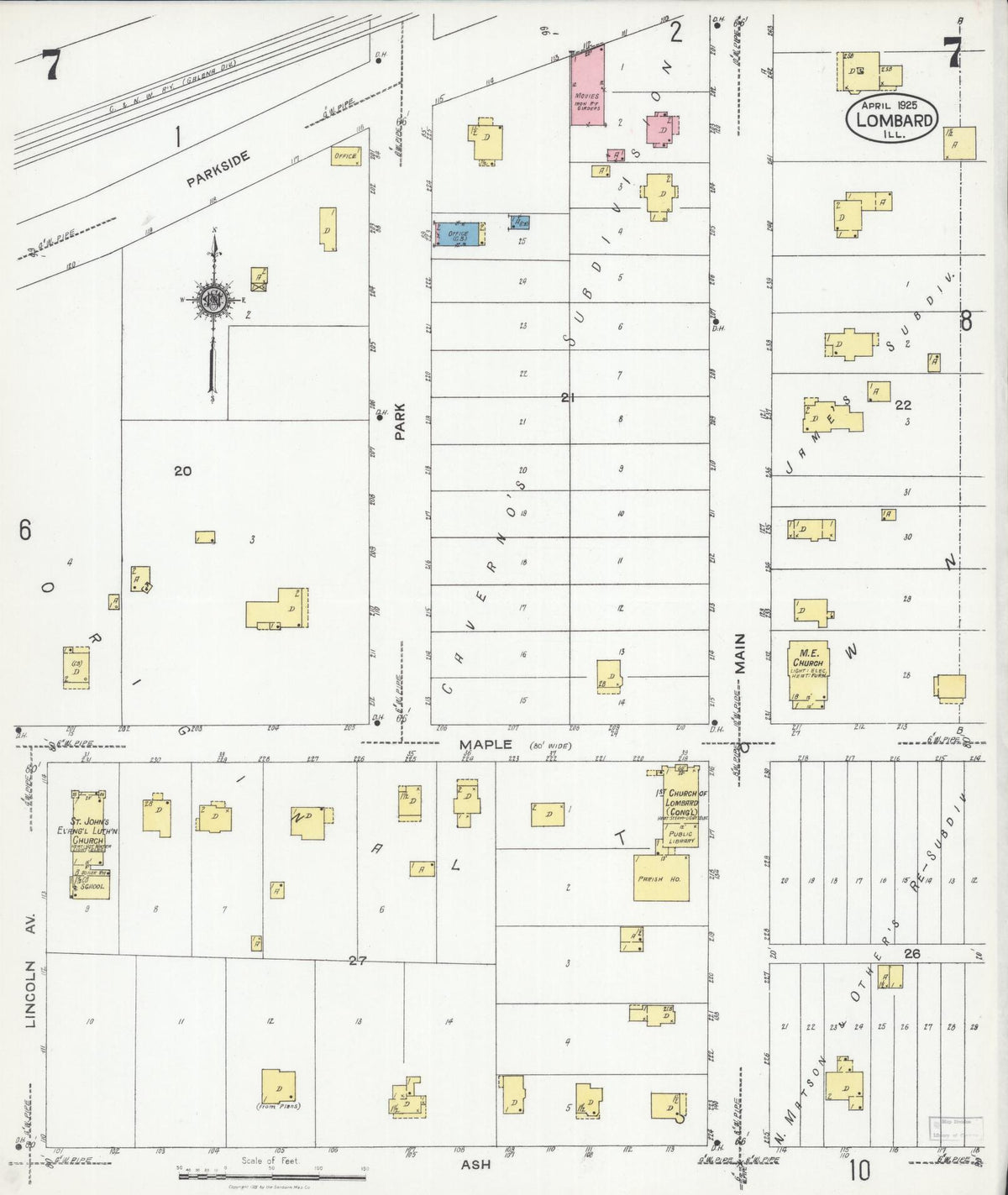 Sanborn Fire Insurance Map from Lombard, Du Page County, Illinois (1925), Sheet #0007 - Historic Sanborn Fire Insurance Map Print, vintage old map wall art, antique decor, genealogy gift, Illinois Illinois map