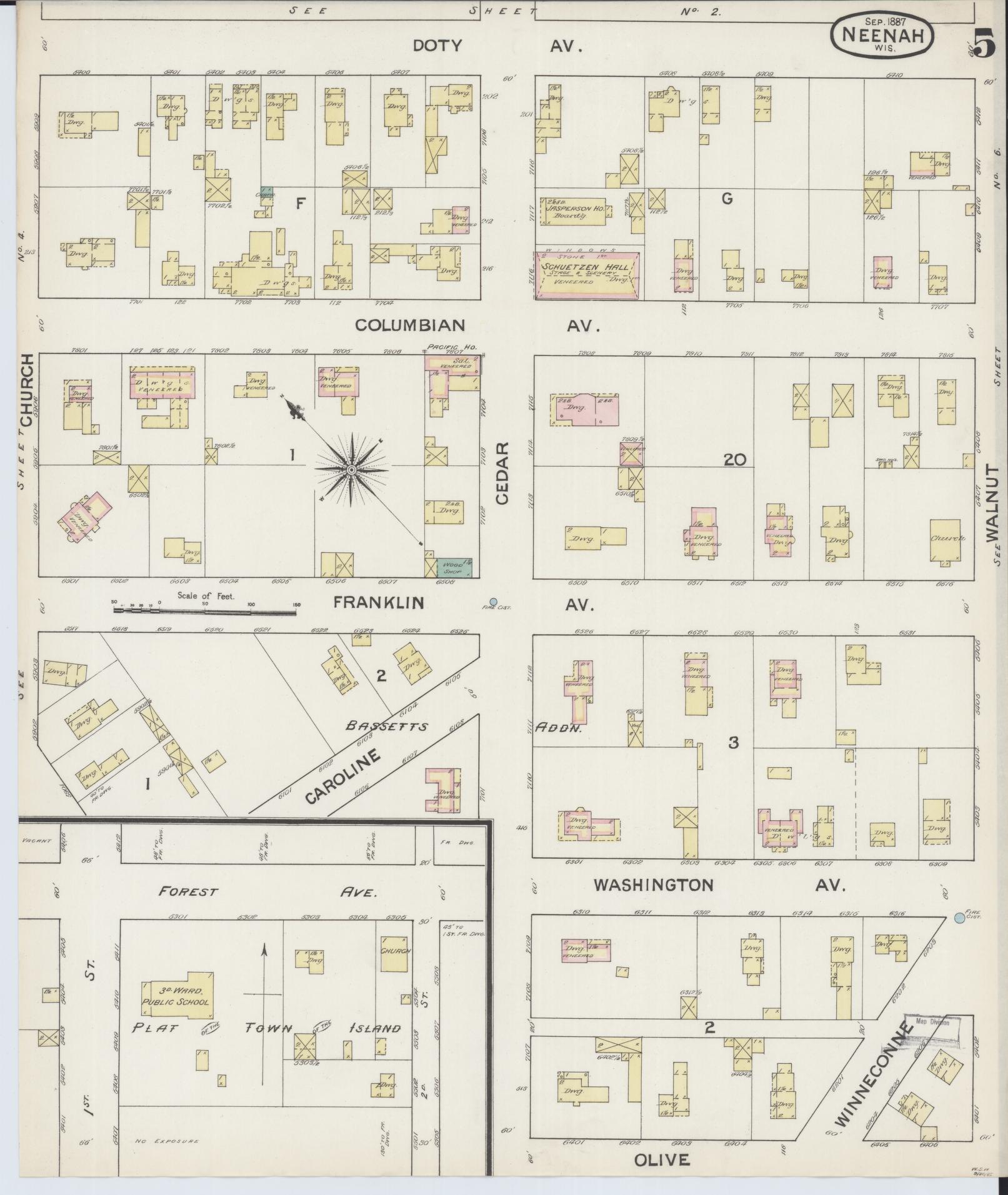 Sanborn Fire Insurance Map from Neenah, Winnebago County, Wisconsin (1887), Sheet #0005 - Historic Sanborn Fire Insurance Map Print, vintage old map wall art, antique decor, genealogy gift, Wisconsin Wisconsin map