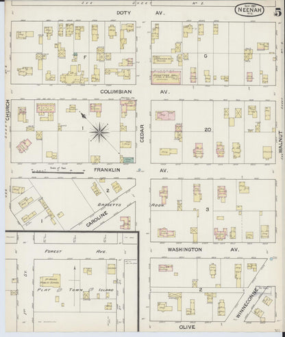 Sanborn Fire Insurance Map from Neenah, Winnebago County, Wisconsin (1887), Sheet #0005 - Historic Sanborn Fire Insurance Map Print, vintage old map wall art, antique decor, genealogy gift, Wisconsin Wisconsin map