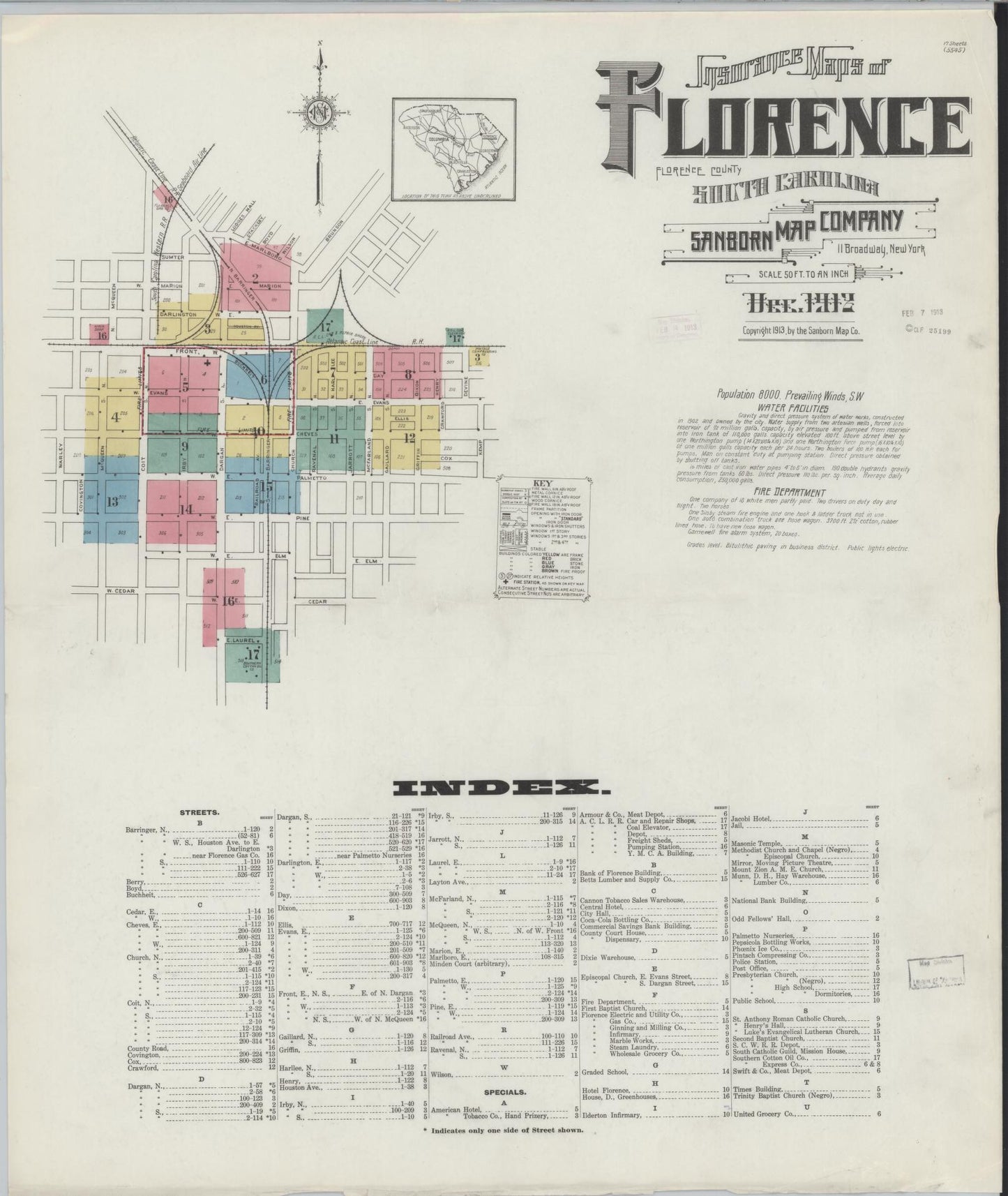 Sanborn Fire Insurance Map from Florence, Florence County, South Carolina (1912), Sheet #0001 - Historic Sanborn Fire Insurance Map Print, vintage old map wall art, antique decor, genealogy gift, South Carolina South Carolina map