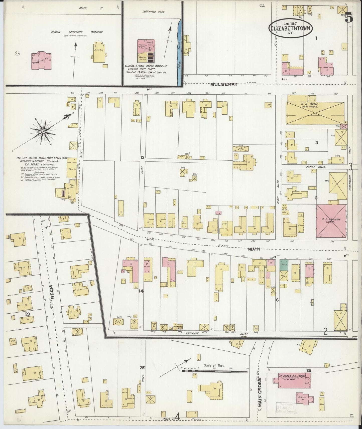 Sanborn Fire Insurance Map from Elizabethtown, Hardin County, Kentucky (1907), Sheet #0005 - Complete Map Set gallery image, historic Sanborn map, vintage wall art, Kentucky Kentucky