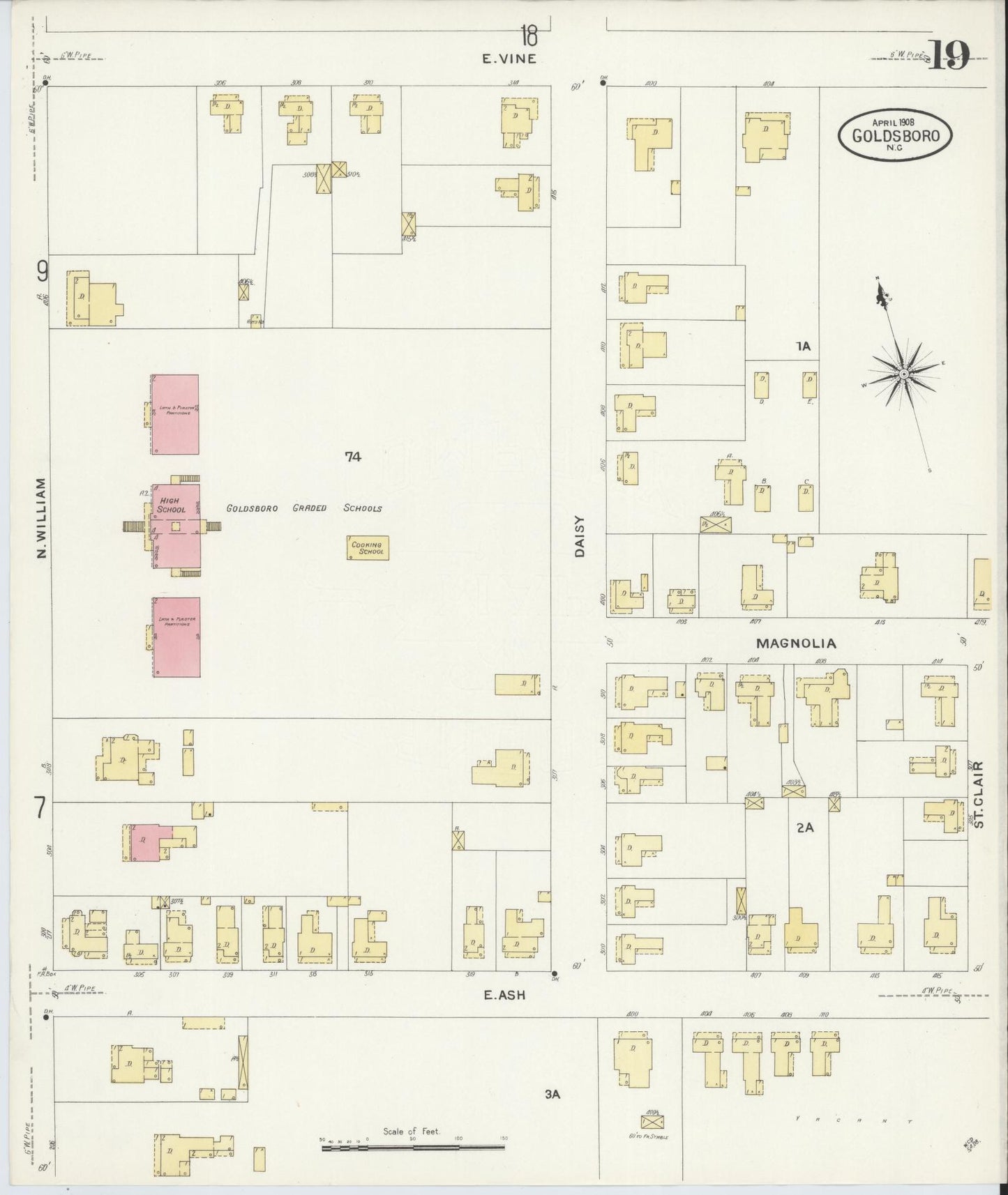 Sanborn Fire Insurance Map from Goldsboro, Wayne County, North Carolina (1908), Sheet #0019 - Historic Sanborn Fire Insurance Map Print, vintage old map wall art, antique decor, genealogy gift, North Carolina North Carolina map
